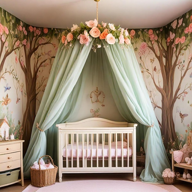 a babys room with a crib and a crib with a tree painted on the wall