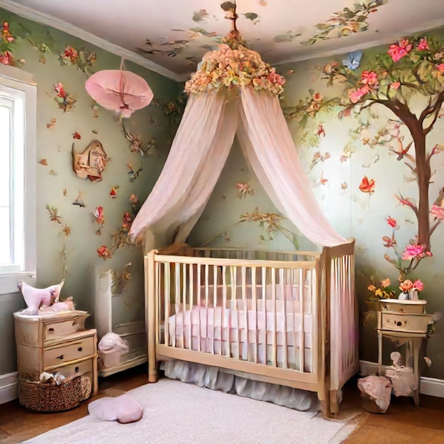 a babys room with a tree painted on the wall