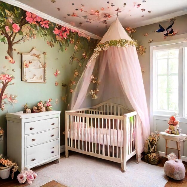 a babys room with a wallpaper with pink flowers and a crib