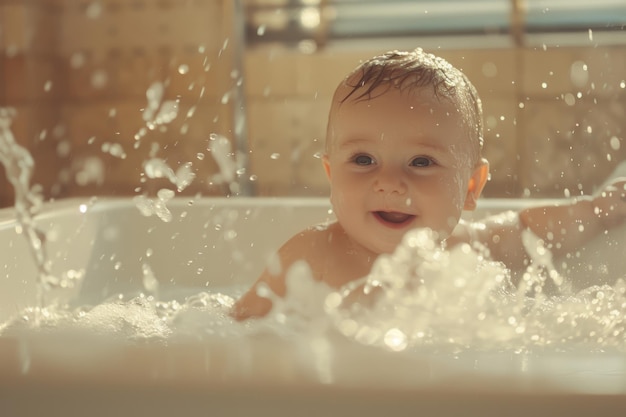 A babys sheer delight splashing around during a sunny bath time