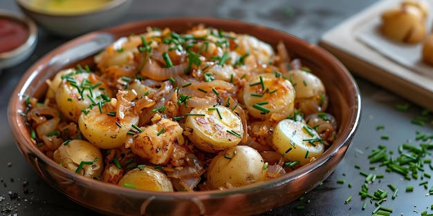 Photo bacalhau a bras a traditional portuguese dish with shredded salt cod onions and fried potatoes concept portuguese cuisine seafood delight traditional recipe salt cod delight comfort food