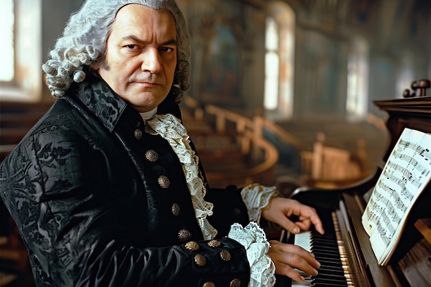 Photo bach johann sebastian a german musical genius composer plays the harpsichord in the church