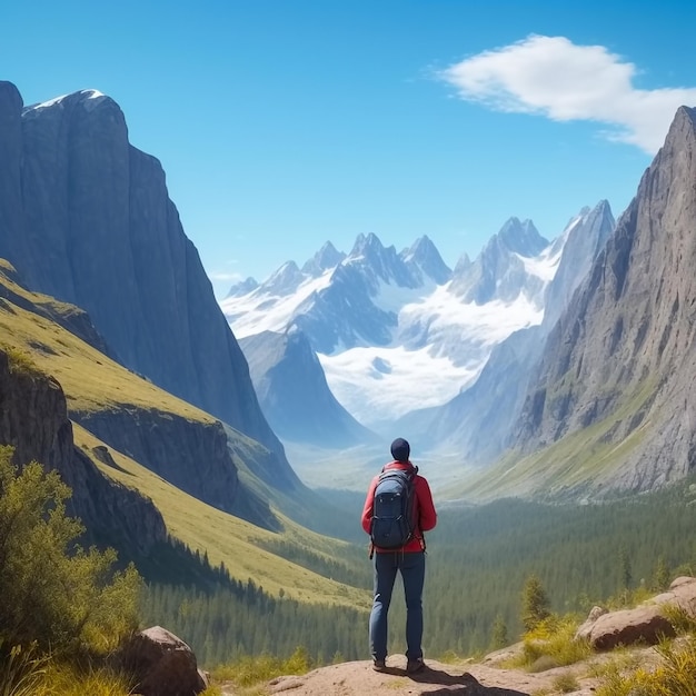 Back of a backpacker is walking on the beautiful view of the mountain range Generative Ai