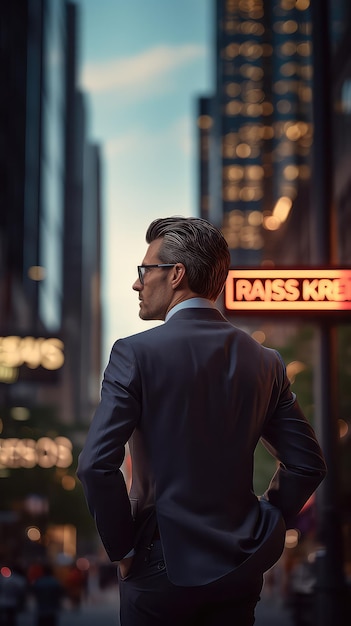 The back of a businessman faces the city