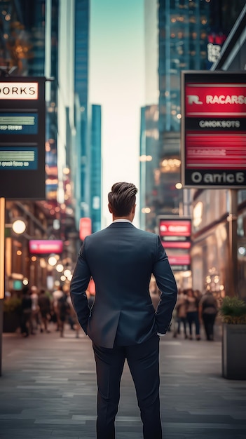 The back of a businessman faces the city