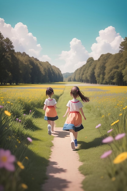 The back of a child playing on the wildflowers and grass with cute cartoon wallpaper illustrations