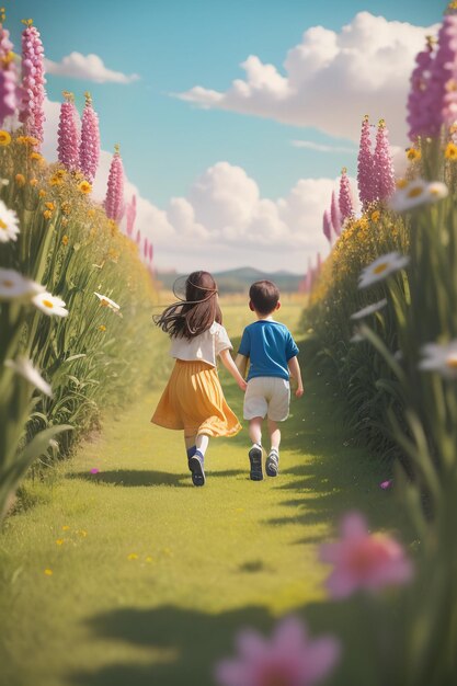 The back of a child playing on the wildflowers and grass with cute cartoon wallpaper illustrations