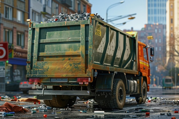 Photo back of a city garbage truck with waste garbage truck at work rear view