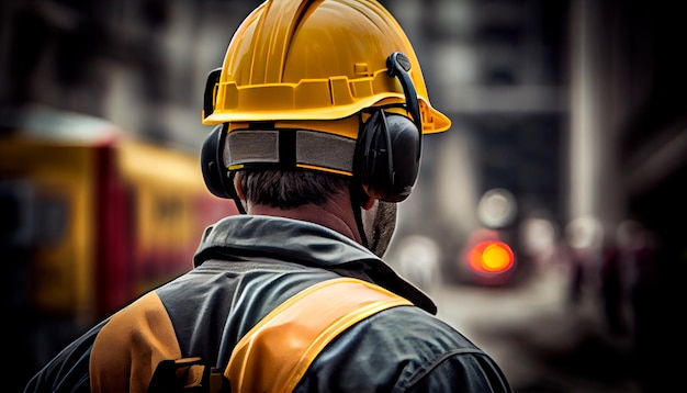 At back of the construction worker head is wearing the safety helmet Generative Ai