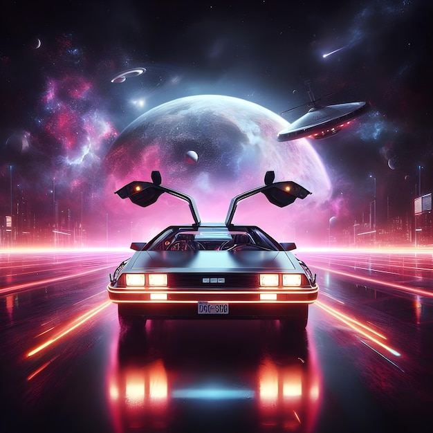 back to the future Delorean flying space synth wave digital art