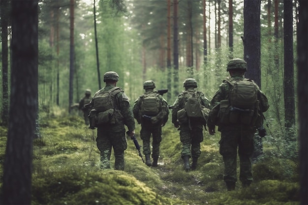 Back of group soldiers in deep forest Special forces war operation Generative AI