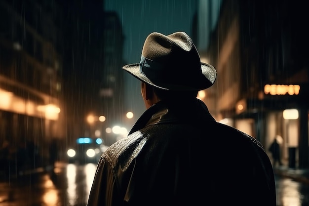 Back of male detective spy in hat and coat on street at night in rain in noir style Generative AI