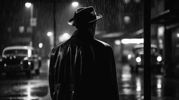 Back of male detective spy in hat and coat on street at night in rain in noir style Generative AI