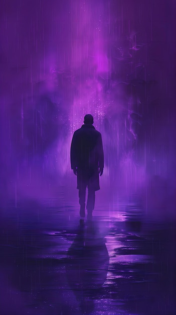 The back of a man in the distance with a mysterious scifi purple mist in the background