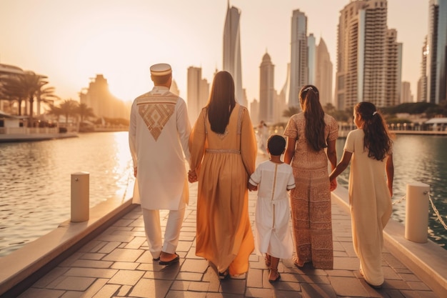 Back of muslim emirati family parents and kids walking in Dubai together Generative AI