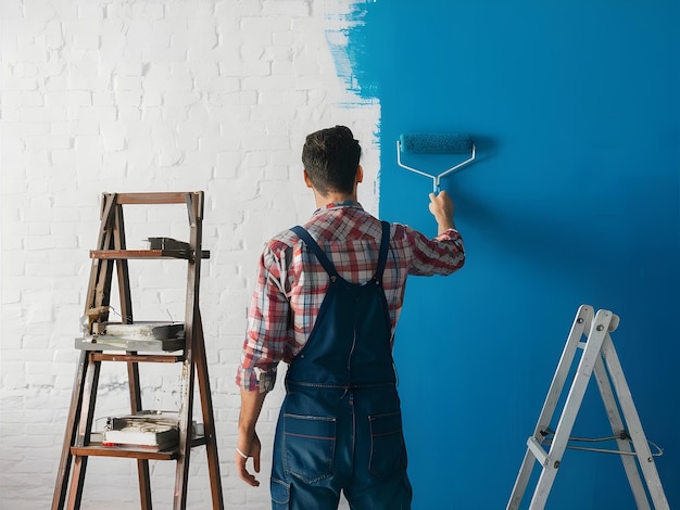 Photo back painter working on a blue wall