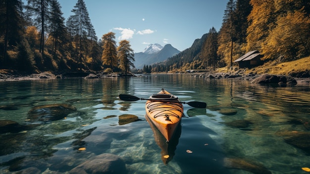 Back picture of a lady paddling in a kayak among some Alps