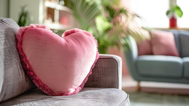 The back of a pink love heartshaped cushion on a cozy sofa with a bright living room in the background