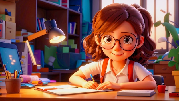 Back to school 3D illustration cartoon girl sits at a desk with a book titled the girl is studying