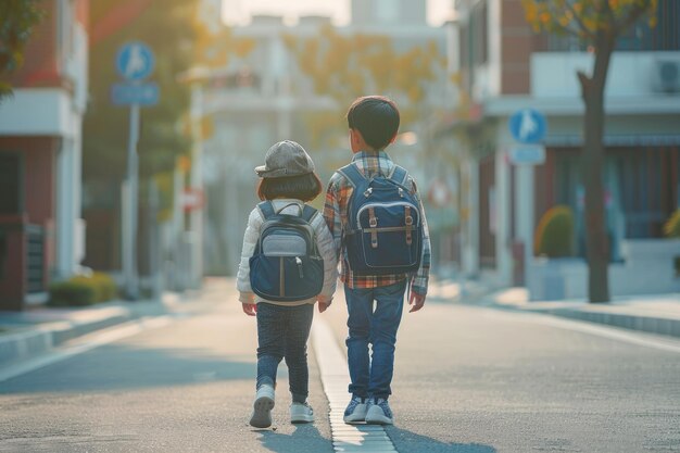 Back To school Back view of children with backpacks going to school on a countryside road concept back to school