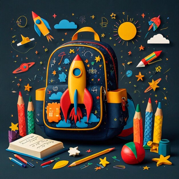 Photo back to school background with bag and rocket ship