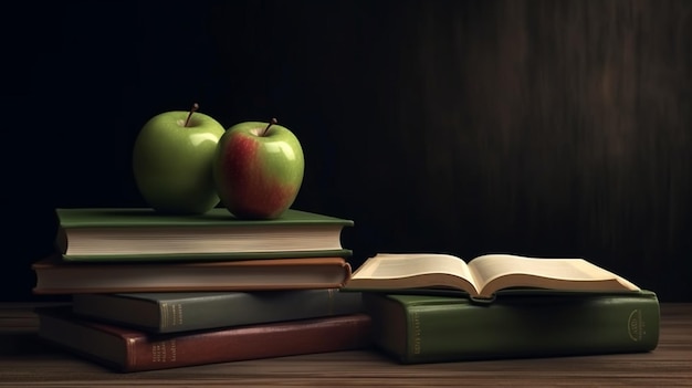 Back to school background with books and apple over blackboard Generative AI