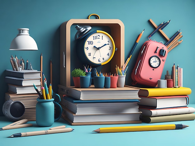 Back to school background with clock and elements of school accessories