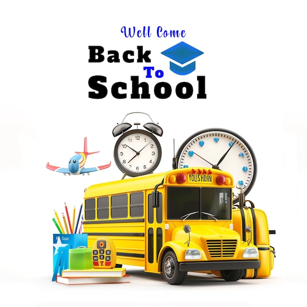 Back to school background with school bus and a clock on the top