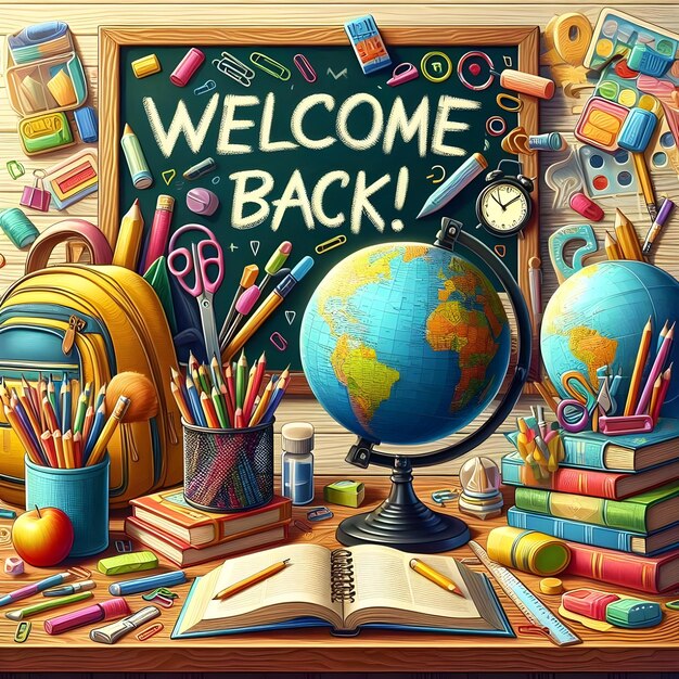 Photo back to school background with school supplies on chalkboard