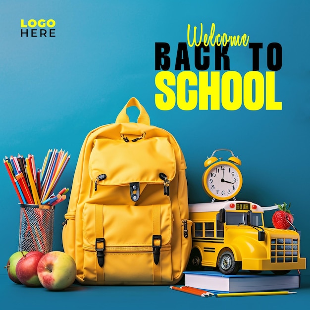 Back to school background with a yellow backpack next to a school bus