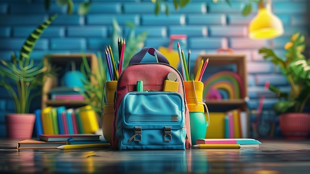 Back to school banner design with school bag with school supplies on class background Ai Generated