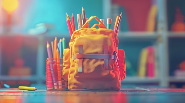 Back to school banner design with school bag with school supplies on class background Ai Generated