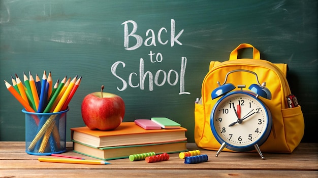 BACK TO SCHOOL Banner with School Bag Pencils Books Alarm Clock and Apple