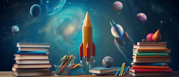 Back To School Books And Pencils With Rocket Sketch