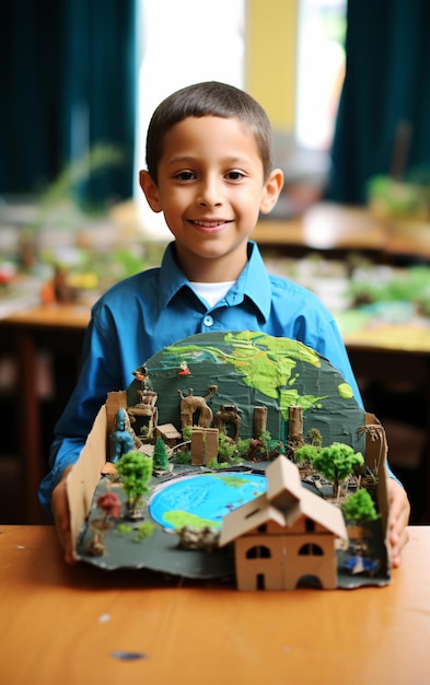 Back to school Boy schoolboy doing ecological project about environmental protection in the classroo