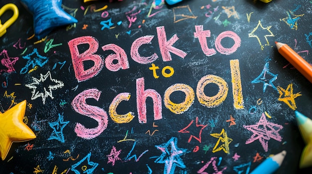 Photo back to school chalkboard message with stars and crayons