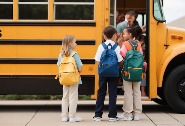 Back to School Children Waiting for Yellow School Bus