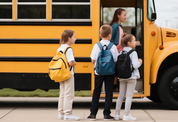 Back to School Children Waiting for Yellow School Bus