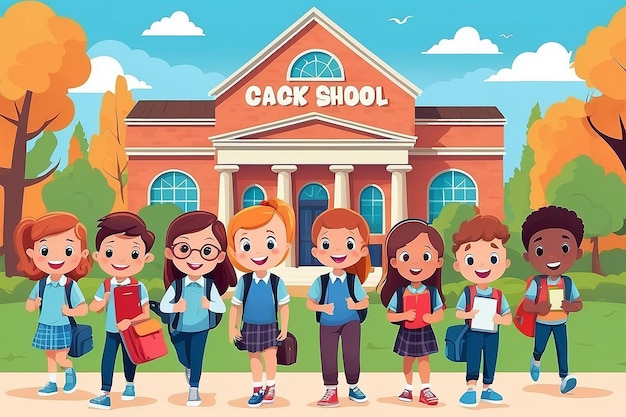 Back to school classmates vector design back to school text and campus