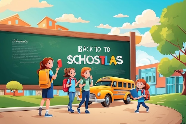 Back to school classmates vector design back to school text and campus