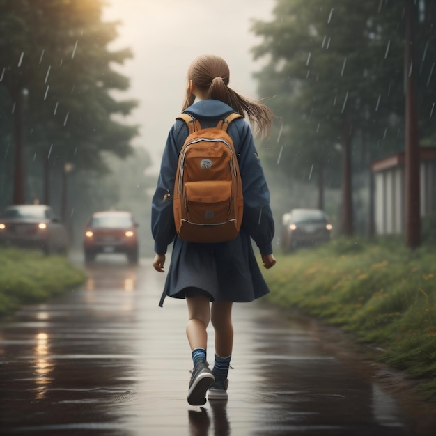 Back to school concepgirl wearing uniform with rain background