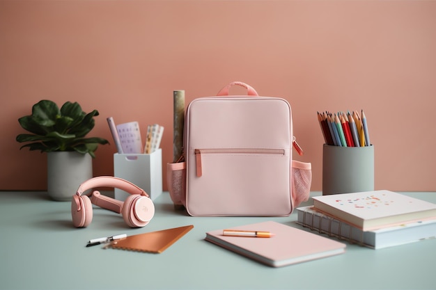 Back to school concept backpack books pencils and other stationery on the table