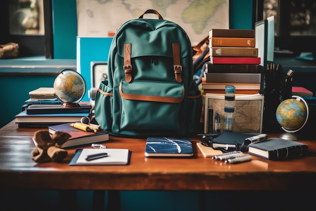 Back to school concept backpack books pencils and other stationery on the table