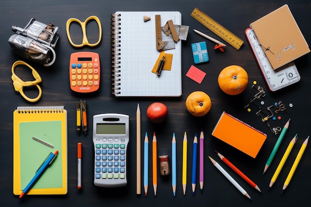 Back to school concept backpack books pencils and other stationery on the table