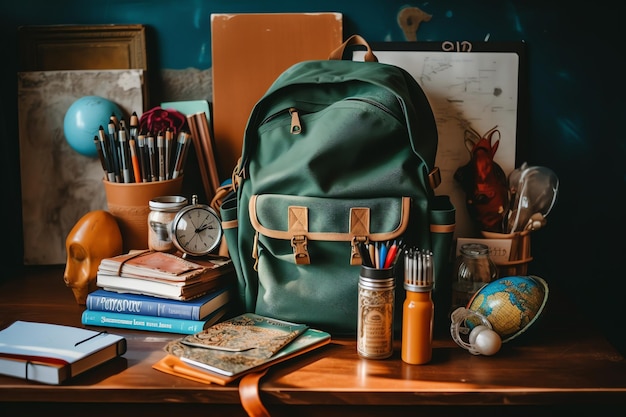 Back to school concept backpack books pencils and other stationery on the table