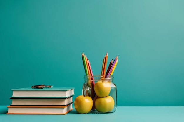 Back to school concept backpack books pencils and other stationery on the table