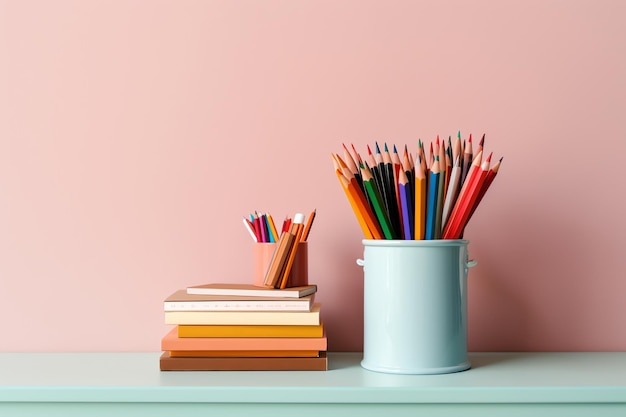 Back to school concept backpack books pencils and other stationery on the table