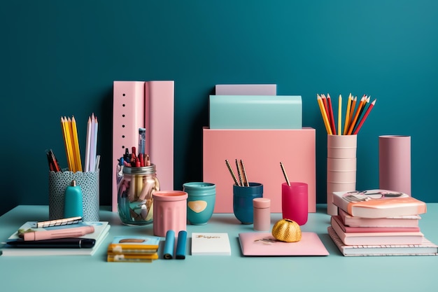 Back to school concept backpack books pencils and other stationery on the table