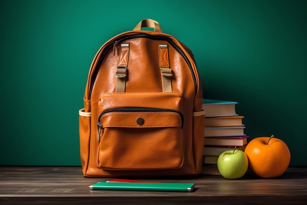 Back to school concept backpack books pencils and other stationery on the table