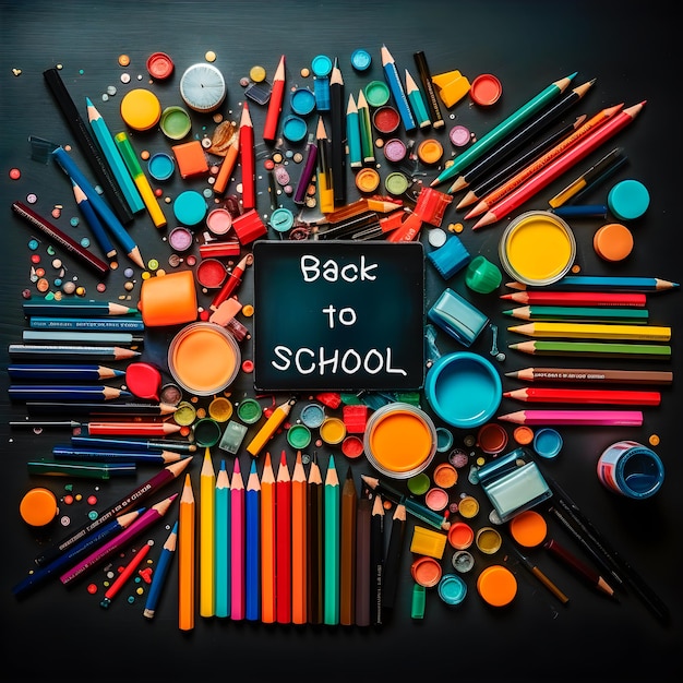 Back to school concept Blackboard surrounded by school supplies colors and paints Generative ai